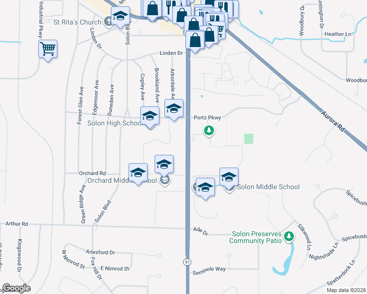 map of restaurants, bars, coffee shops, grocery stores, and more near 6712 SOM Center Road in Solon