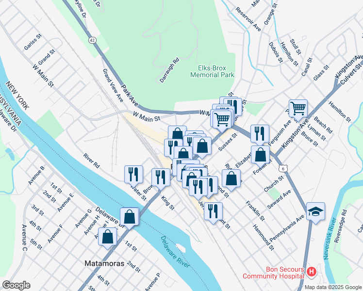 map of restaurants, bars, coffee shops, grocery stores, and more near 76 Pike Street in Port Jervis