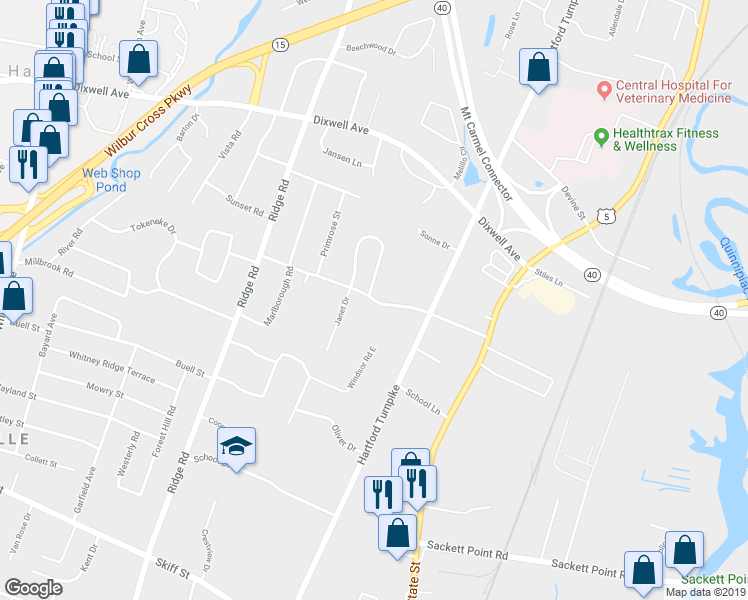 map of restaurants, bars, coffee shops, grocery stores, and more near 84 Homewood Avenue in North Haven