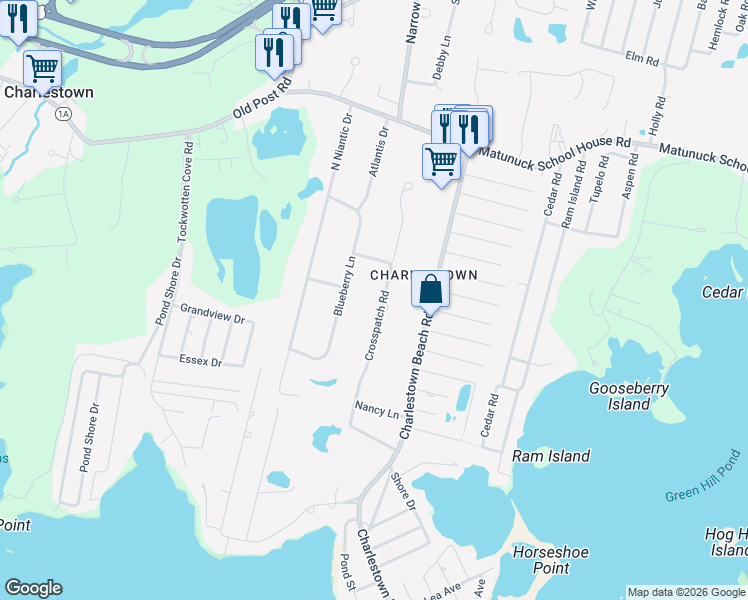 map of restaurants, bars, coffee shops, grocery stores, and more near 85 Crosspatch Road in Charlestown