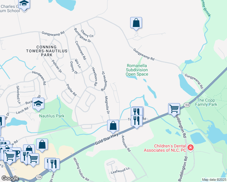 map of restaurants, bars, coffee shops, grocery stores, and more near 69 Merlino Dr in Groton
