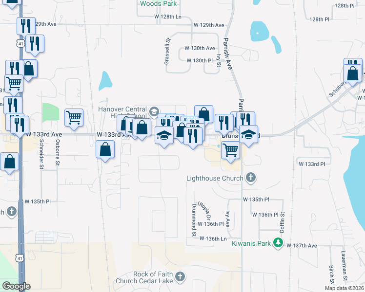 map of restaurants, bars, coffee shops, grocery stores, and more near 9905 West 133rd Avenue in Cedar Lake