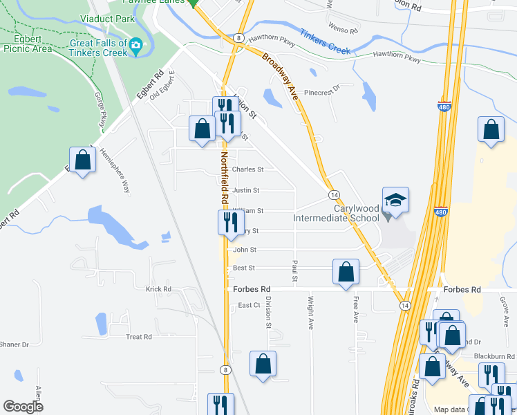 map of restaurants, bars, coffee shops, grocery stores, and more near 57 William Street in Bedford