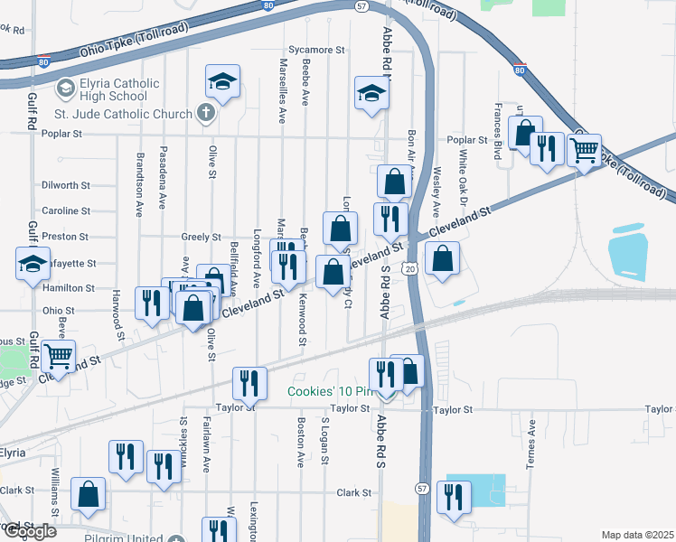 map of restaurants, bars, coffee shops, grocery stores, and more near 61 Hawthorne Street in Elyria