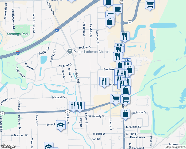 map of restaurants, bars, coffee shops, grocery stores, and more near 34 Lynwood Drive in Morris