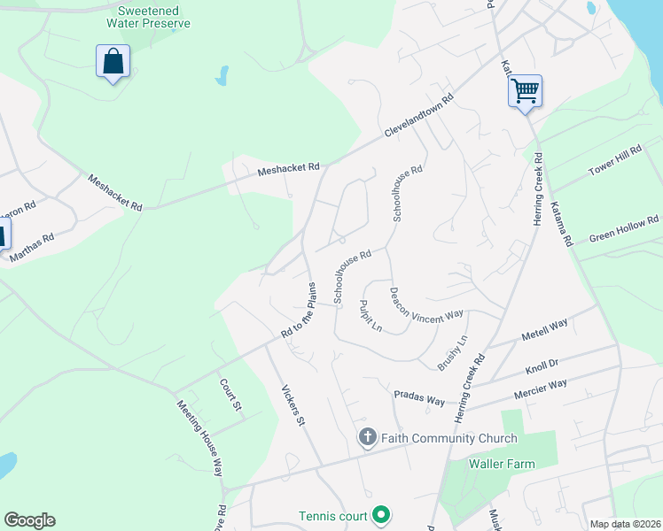map of restaurants, bars, coffee shops, grocery stores, and more near 54 Schoolhouse Road in Edgartown