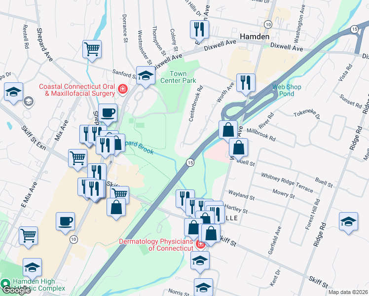 map of restaurants, bars, coffee shops, grocery stores, and more near 240 Centerbrook Road in Hamden