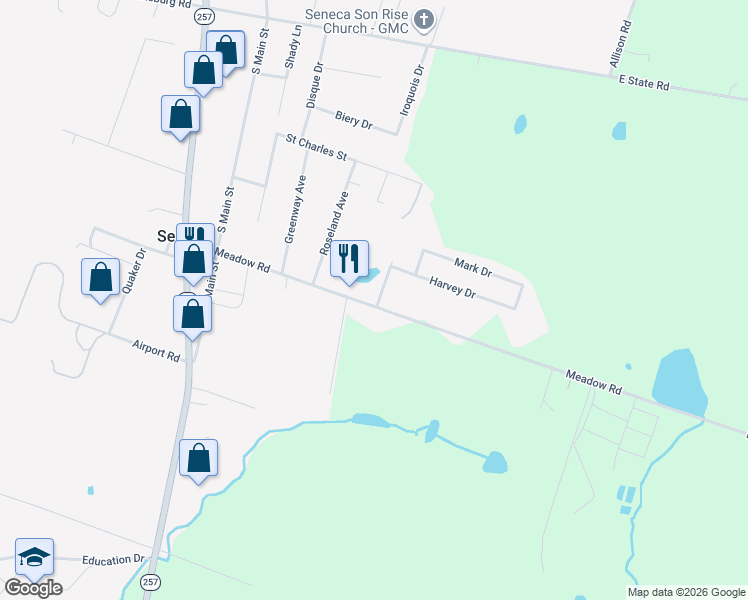 map of restaurants, bars, coffee shops, grocery stores, and more near 191 Meadow Road in Seneca