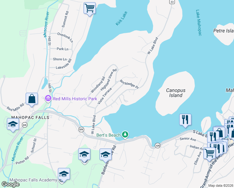 map of restaurants, bars, coffee shops, grocery stores, and more near 72 West Lake Boulevard in Mahopac