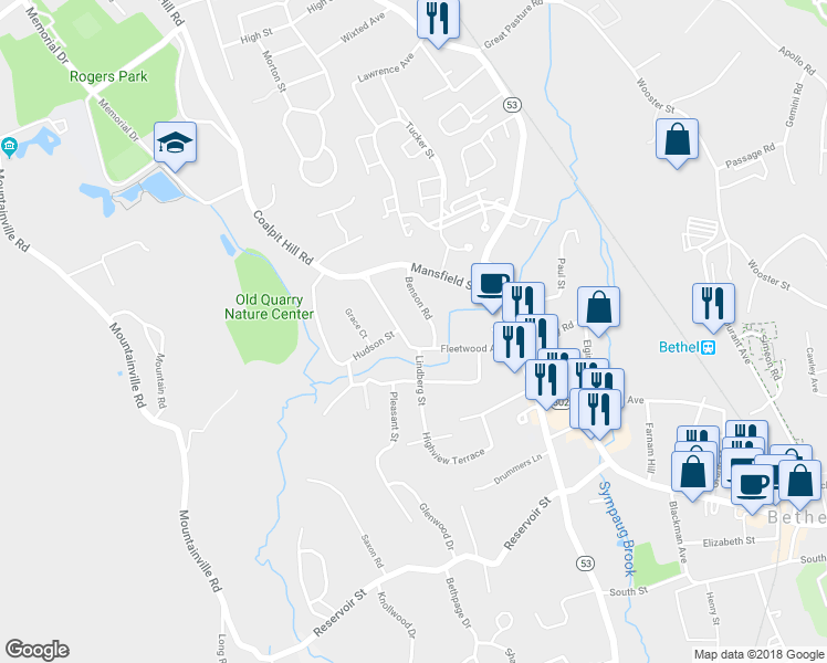 map of restaurants, bars, coffee shops, grocery stores, and more near 28 Fleetwood Avenue in Bethel