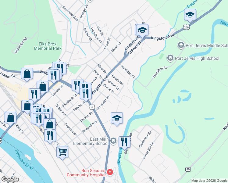 map of restaurants, bars, coffee shops, grocery stores, and more near 33 Prospect Street in Port Jervis