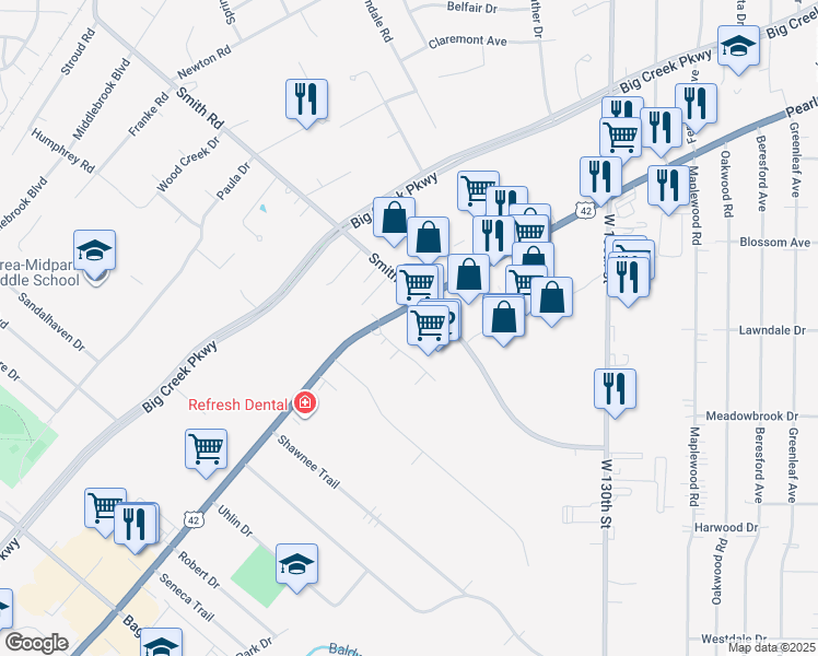 map of restaurants, bars, coffee shops, grocery stores, and more near 6961 Pearl Road in Middleburg Heights