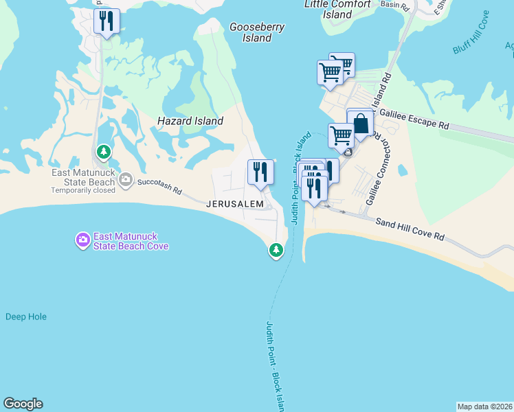 map of restaurants, bars, coffee shops, grocery stores, and more near 1151 Succotash Road in Narragansett