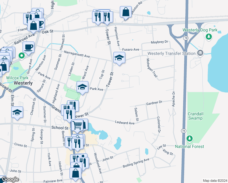 map of restaurants, bars, coffee shops, grocery stores, and more near 8 Joshua Street in Westerly