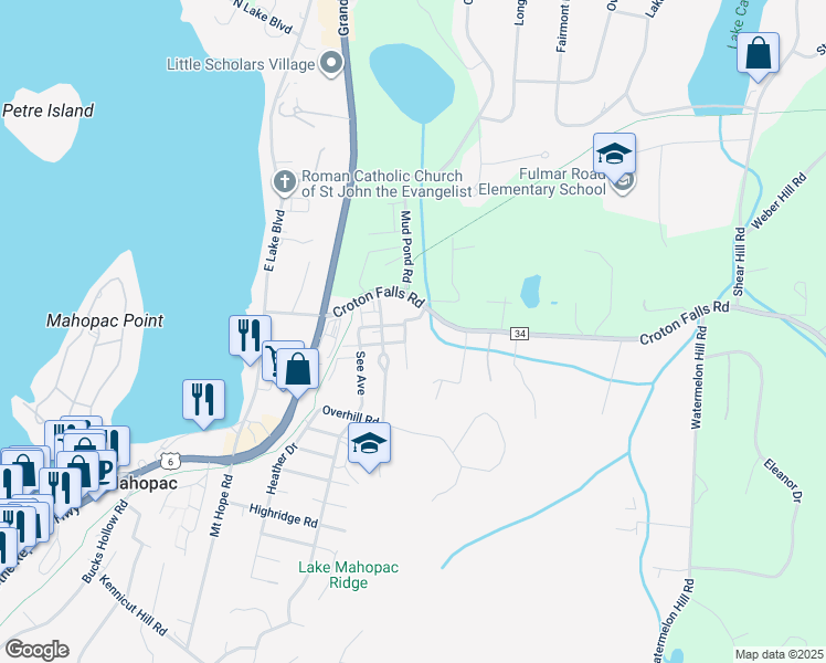map of restaurants, bars, coffee shops, grocery stores, and more near 35 Wright Avenue in Mahopac