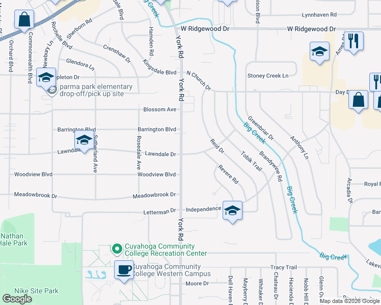 map of restaurants, bars, coffee shops, grocery stores, and more near 6903 York Road in Parma Heights