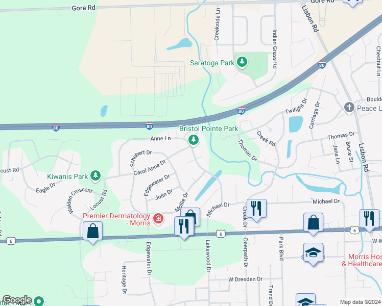 map of restaurants, bars, coffee shops, grocery stores, and more near 1722 Jennifer Court in Morris