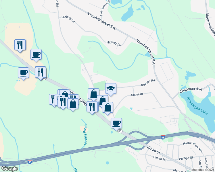 map of restaurants, bars, coffee shops, grocery stores, and more near 51 Kenyon Road in Waterford