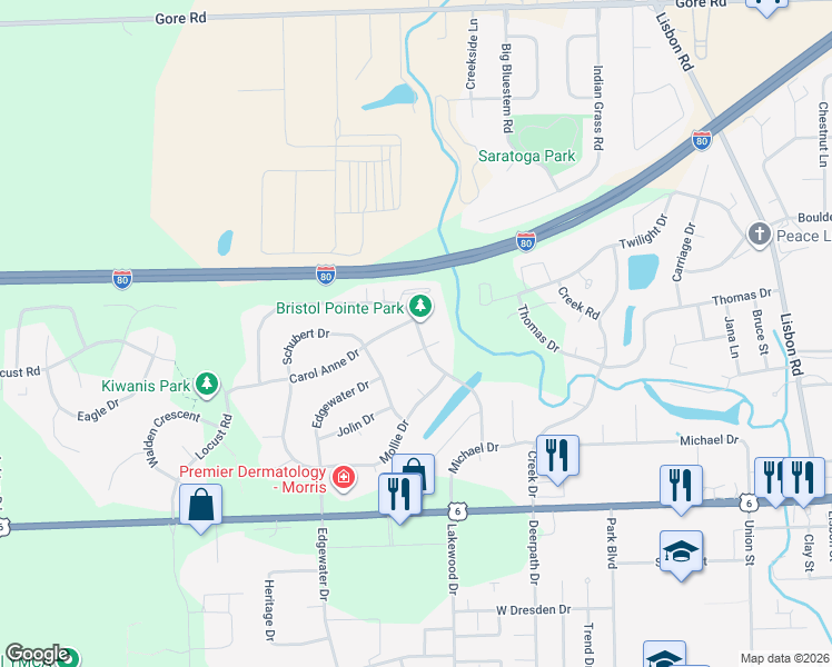 map of restaurants, bars, coffee shops, grocery stores, and more near 1855 Anne Lane in Morris