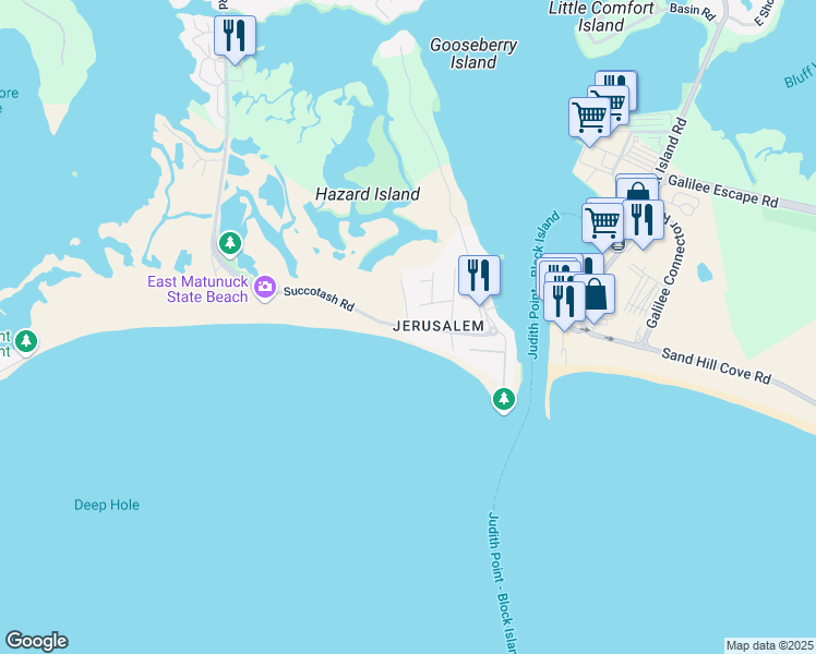 map of restaurants, bars, coffee shops, grocery stores, and more near 1107 Succotash Road in Narragansett