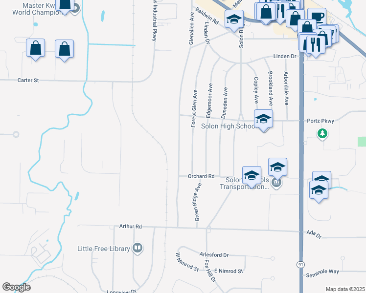 map of restaurants, bars, coffee shops, grocery stores, and more near 6705 Glenallen Avenue in Solon