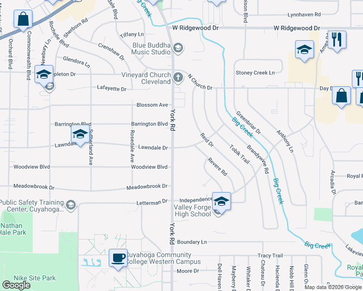 map of restaurants, bars, coffee shops, grocery stores, and more near 6903 York Road in Parma Heights