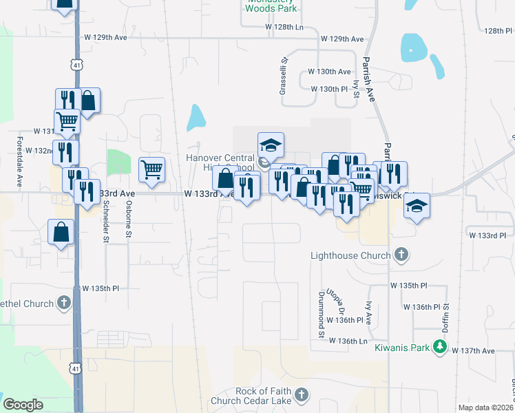 map of restaurants, bars, coffee shops, grocery stores, and more near 10205 West 133rd Avenue in Cedar Lake