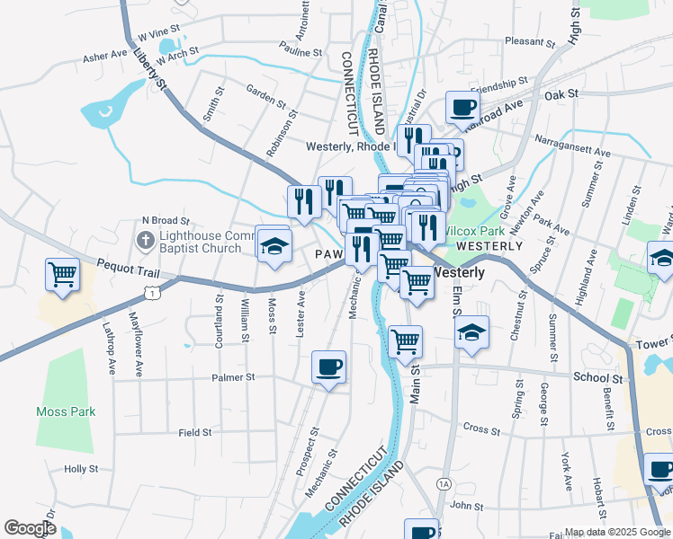 map of restaurants, bars, coffee shops, grocery stores, and more near 100 West Broad Street in Stonington