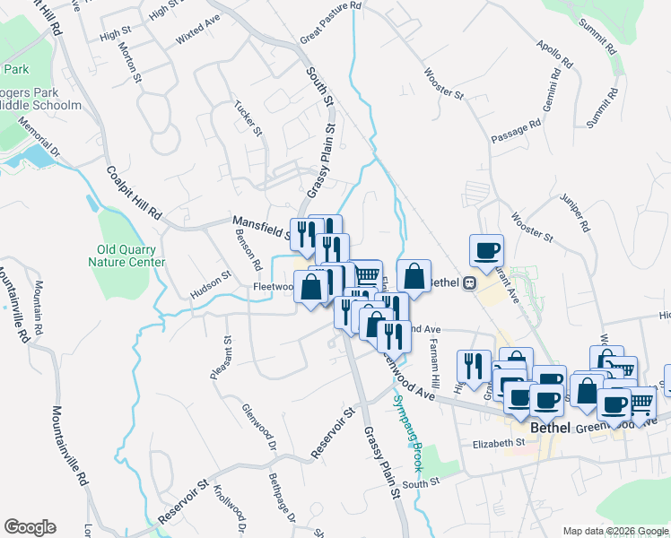 map of restaurants, bars, coffee shops, grocery stores, and more near 2 Willow Street in Bethel