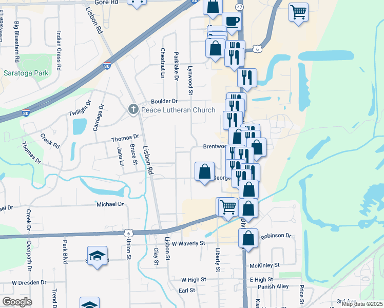 map of restaurants, bars, coffee shops, grocery stores, and more near 2325 Lynwood Street in Morris