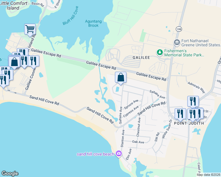 map of restaurants, bars, coffee shops, grocery stores, and more near 25 Fir Drive in Narragansett