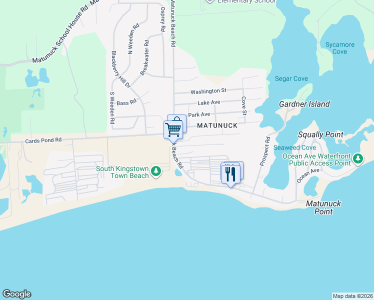 map of restaurants, bars, coffee shops, grocery stores, and more near 42 Community Drive in South Kingstown