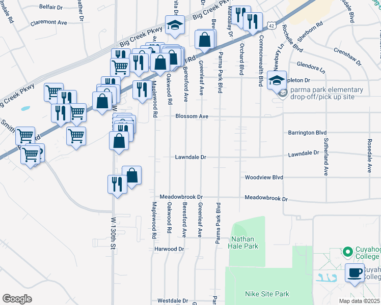 map of restaurants, bars, coffee shops, grocery stores, and more near 6853 Beresford Avenue in Parma Heights