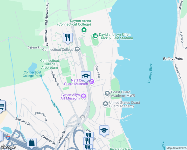 map of restaurants, bars, coffee shops, grocery stores, and more near 89 Nameaug Avenue in New London