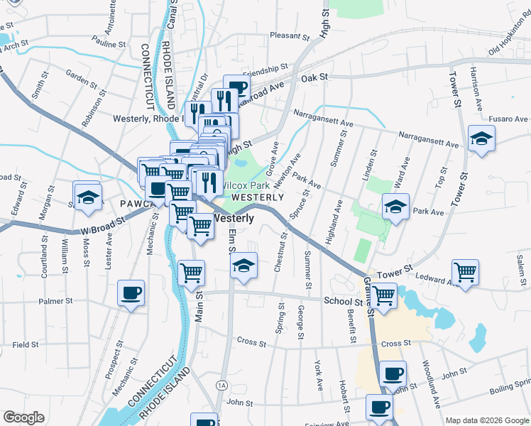 map of restaurants, bars, coffee shops, grocery stores, and more near in Westerly