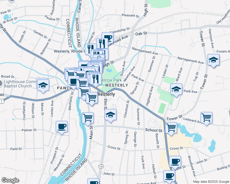 map of restaurants, bars, coffee shops, grocery stores, and more near in Westerly