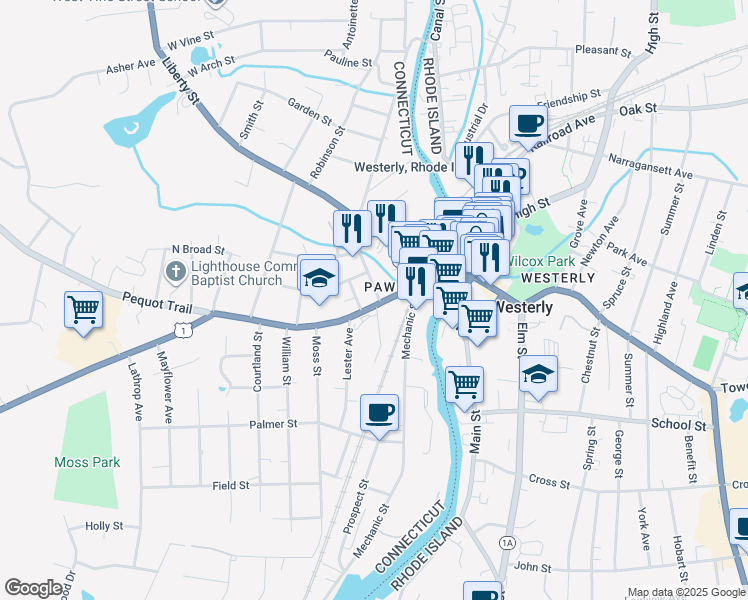 map of restaurants, bars, coffee shops, grocery stores, and more near 7 Lincoln Avenue in Stonington