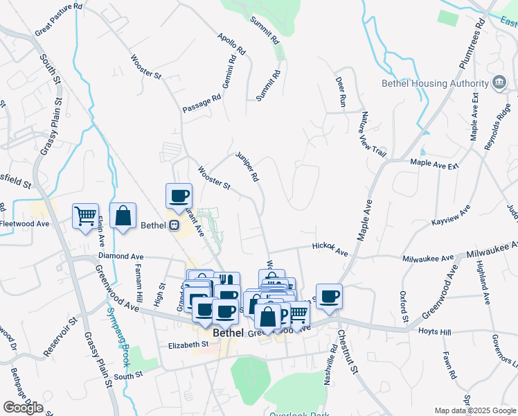 map of restaurants, bars, coffee shops, grocery stores, and more near 53 Wooster Street in Bethel
