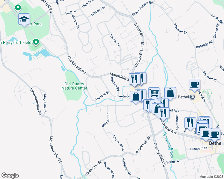 map of restaurants, bars, coffee shops, grocery stores, and more near 36A Fleetwood Avenue in Bethel