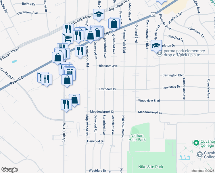 map of restaurants, bars, coffee shops, grocery stores, and more near 6853 Beresford Avenue in Parma Heights