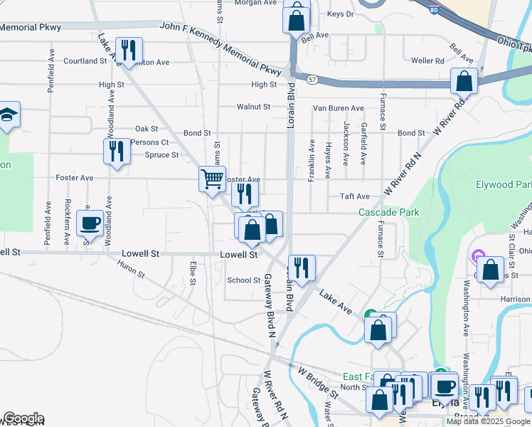 map of restaurants, bars, coffee shops, grocery stores, and more near 610 Dewey Avenue in Elyria