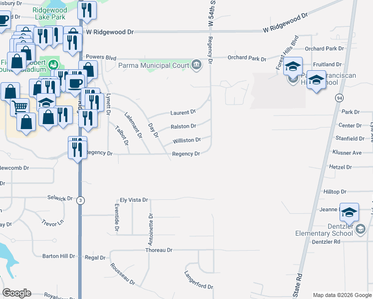 map of restaurants, bars, coffee shops, grocery stores, and more near 5708 Regency Drive in Parma