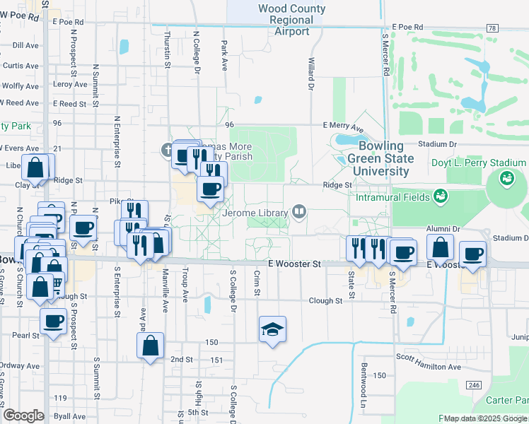 map of restaurants, bars, coffee shops, grocery stores, and more near 3018 Businss Admin Bldg in Bowling Green