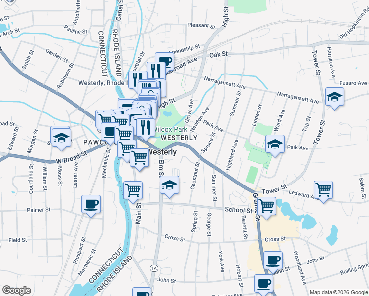 map of restaurants, bars, coffee shops, grocery stores, and more near in Westerly