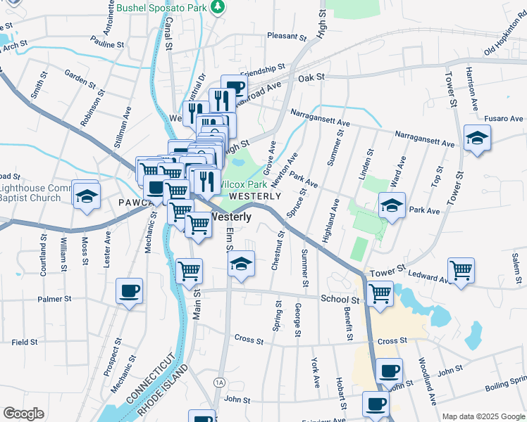 map of restaurants, bars, coffee shops, grocery stores, and more near 25 Granite Street in Westerly