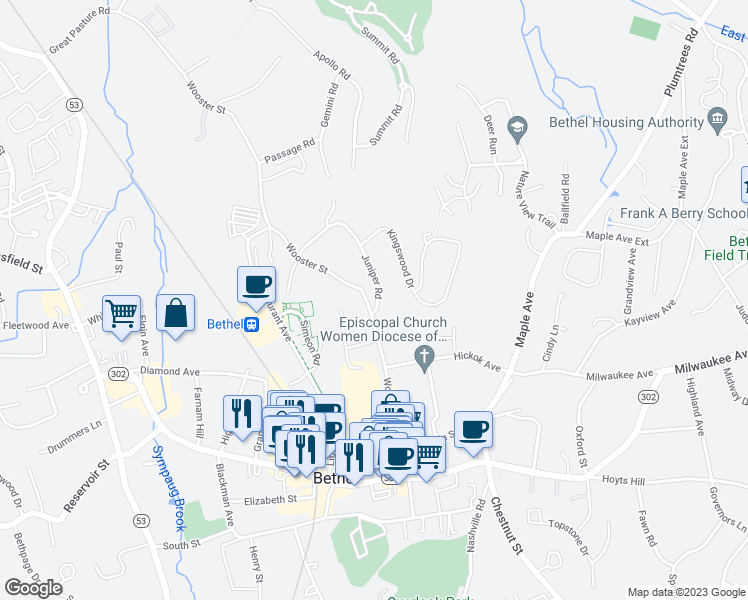 map of restaurants, bars, coffee shops, grocery stores, and more near 83 Juniper Road in Bethel