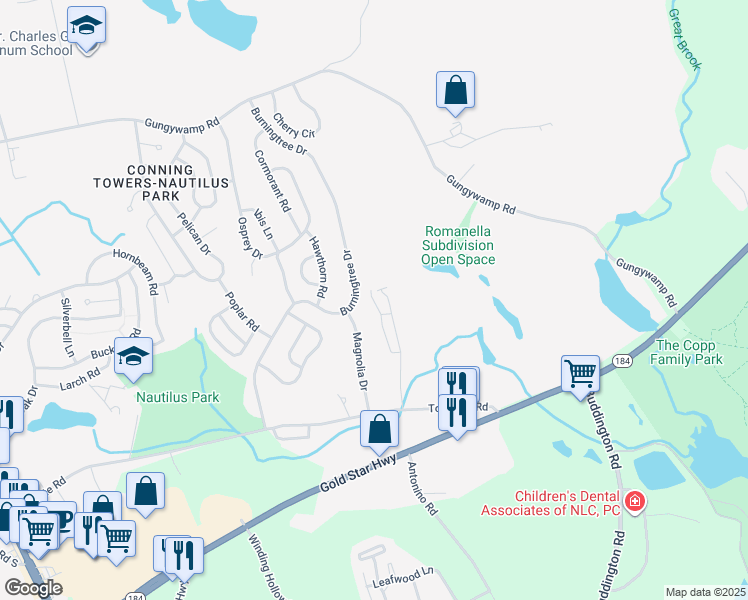 map of restaurants, bars, coffee shops, grocery stores, and more near 91 Merlino Drive in Groton