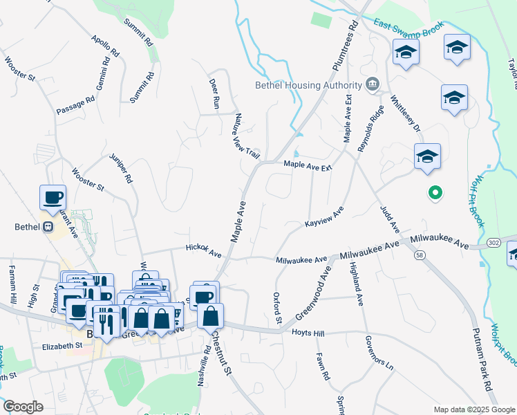 map of restaurants, bars, coffee shops, grocery stores, and more near 29 South Crossing Way in Bethel