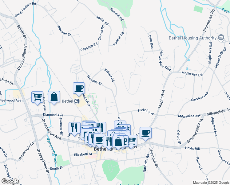 map of restaurants, bars, coffee shops, grocery stores, and more near 53 Wooster Street in Bethel