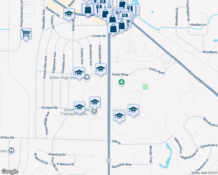 map of restaurants, bars, coffee shops, grocery stores, and more near 6672 Ohio 91 in Solon